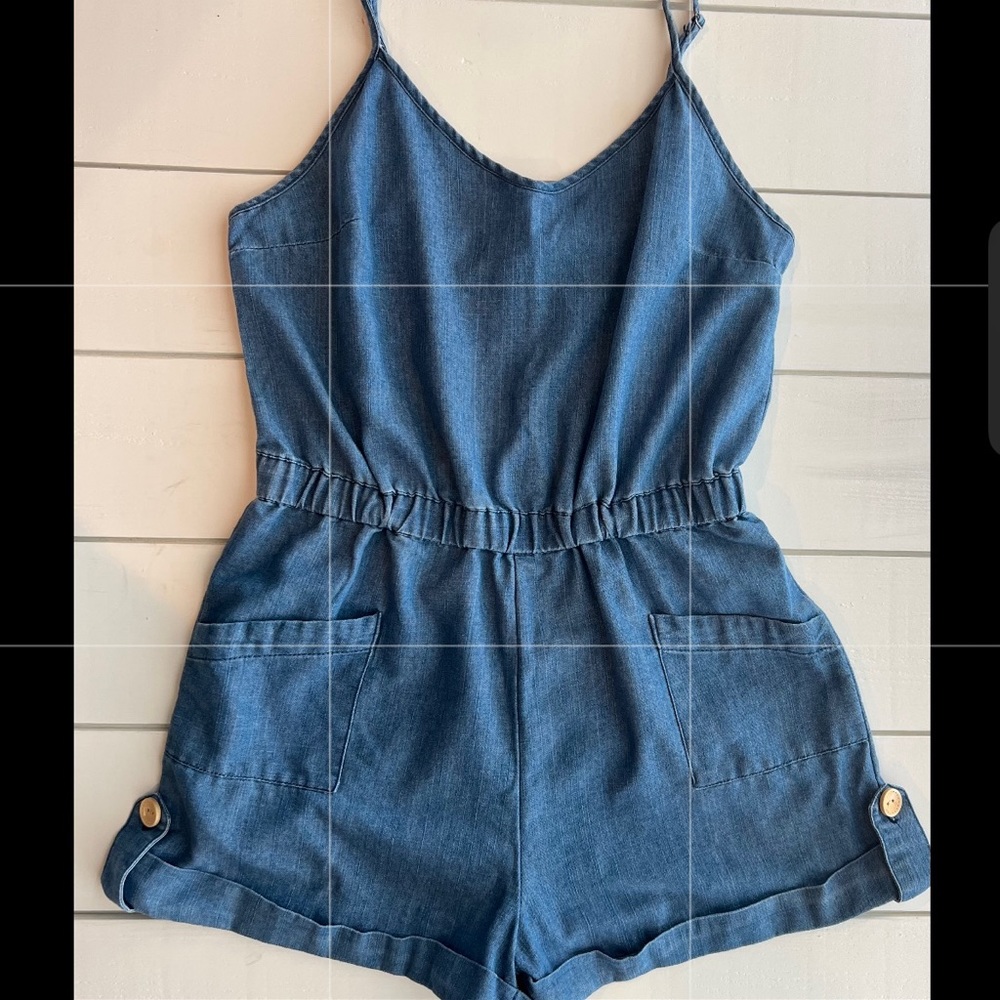 Denim Romper Shorts - Blue Casual Jumpsuit